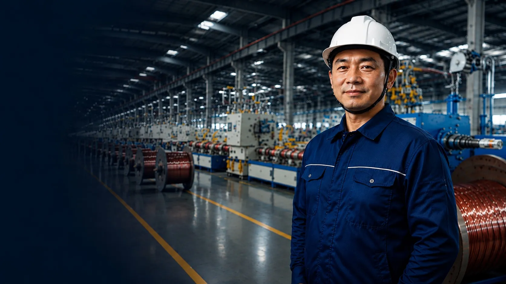Cable production line operator beside reels of copper conductor